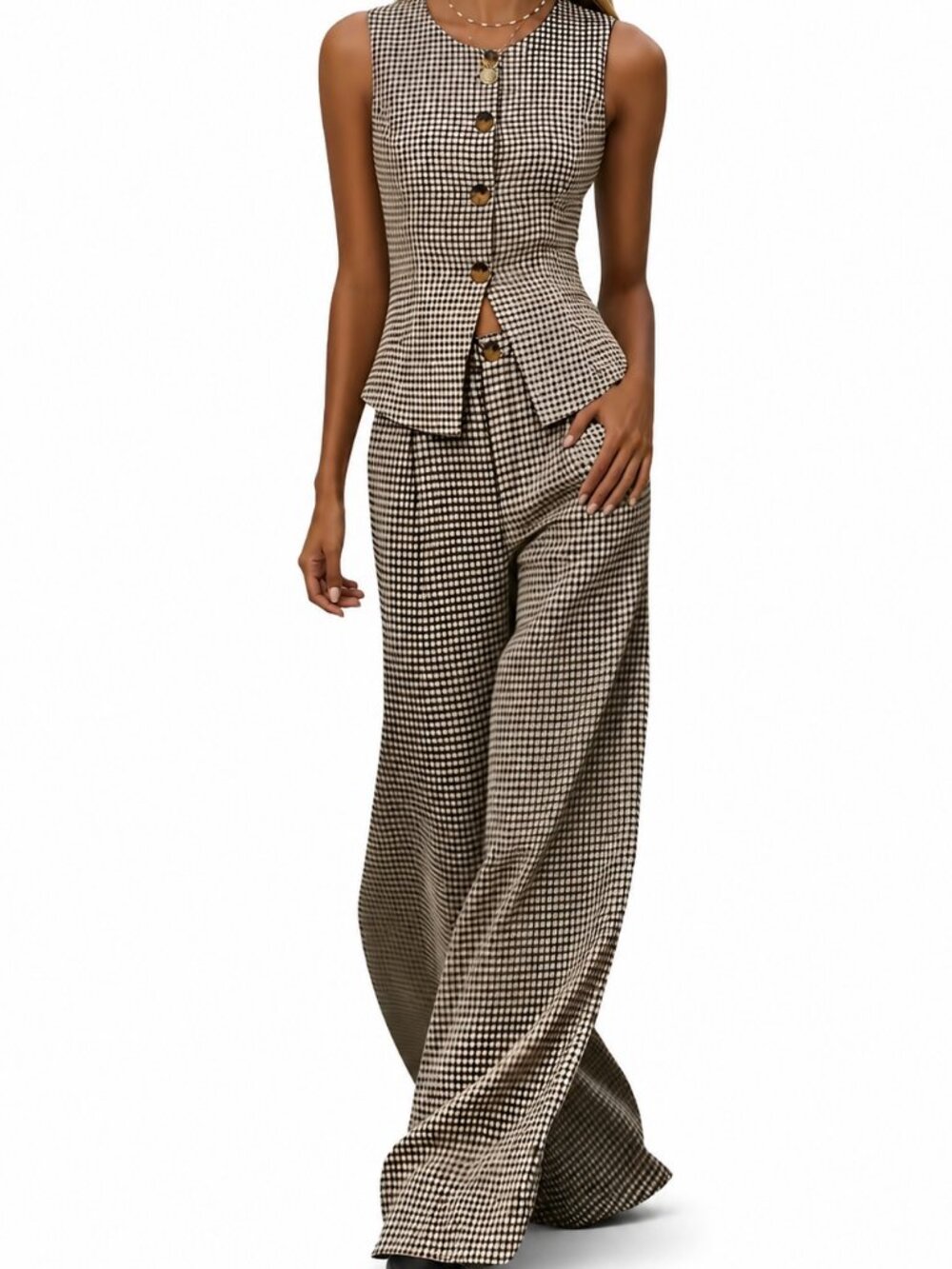 Plaid Sleeveless Vest + Wide Leg Pants Set